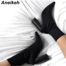Shion pointed toe ankle boots high heels women stretch chelsea boots slip on thick heel thumb200