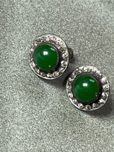 Vintage Small Green Glass or Stone Cab Rimmed in Tiny Clear Rhinestones ... - £8.87 GBP