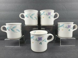 5 Pfaltzgraff April Flat Cups Set 3.25&quot; Floral Aqua Coffee Tea Mug Stoneware Lot - £31.27 GBP
