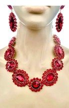 Luxurious Statement Party Necklace Earring Set Red Crystals Wedding Guest - £41.22 GBP