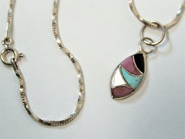 Multi Stone Inlay Oval Shaped Pendant w/ 18" Sterling Silver Rope Chain - £35.53 GBP