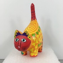 Hand-Painted Wooden Kitty Cat Figurine Carved Colorful Orange Red Folk A... - $12.86