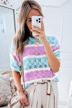 Purple Stripe Color Block Hollow Out Crochet Half Sleeve Sweater - $262.51 MXN