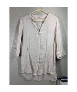 LUNGO L&#39;ARNO Button Up Womens Beige V-Neck Cuff Sleeve 100% Linen Size M... - $34.97 CAD