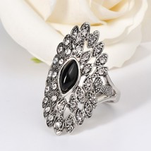 Unique Vintage Jewelry Gray Crystal Big Rings For Women Ancient Silver Color Pun - £6.15 GBP