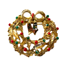 Christmas Wreath Gold Tone Brooch Pin with Top Bow Red Green Holly Berries - £7.74 GBP