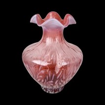 VTG Fenton Vase 11.5&quot; Daisy &amp; Fern Cranberry Opalescent Glass Ruffled White Pink - £187.72 GBP