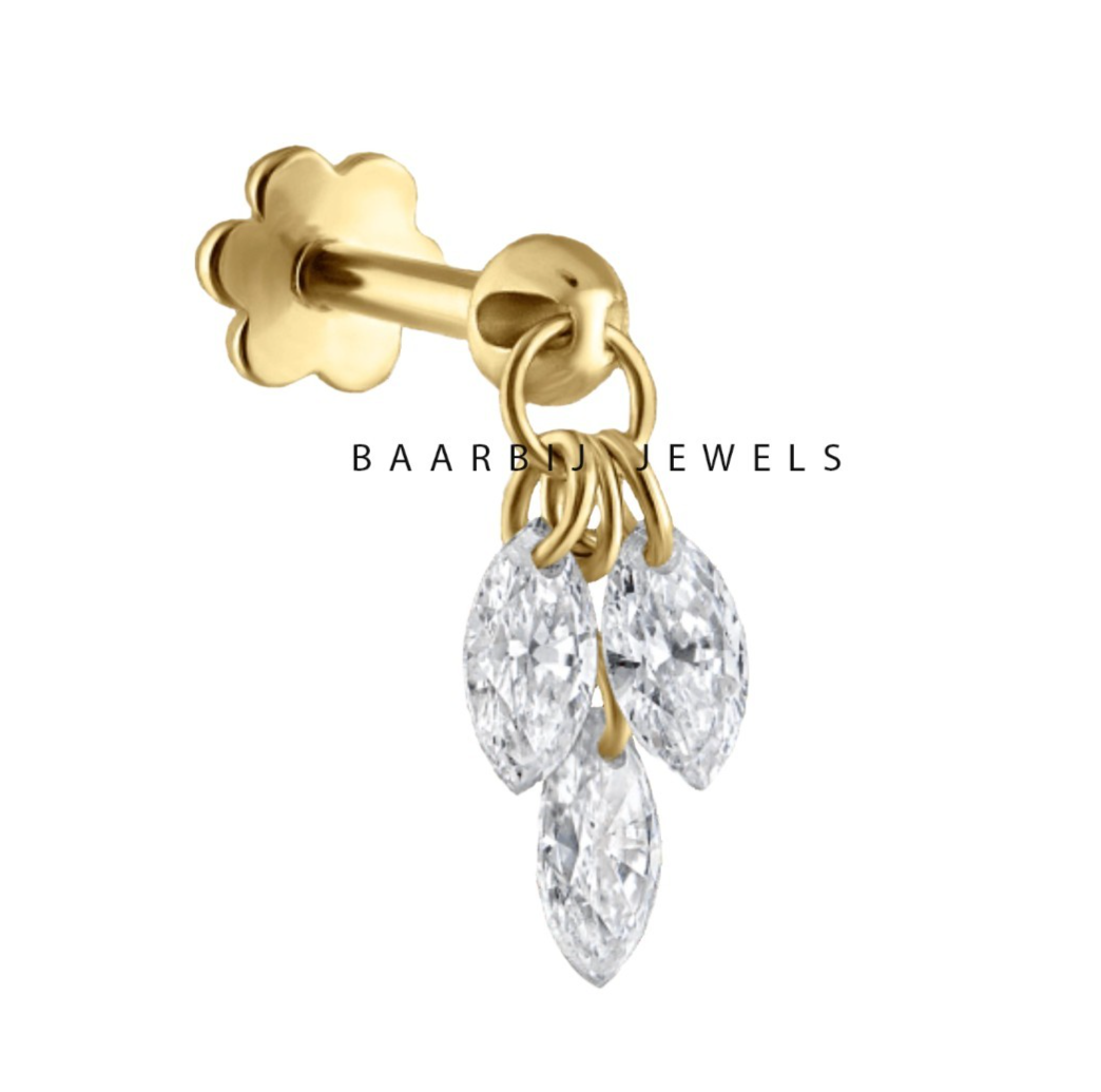 14K Solid Gold Marquise Drilled Three Diamond Dangle Stud Floating Diamo... - $240.00+