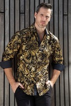 Bespoke Long Sleeve Button Up Dress Shirt, Gold Velvet Textured Mandala ... - $79.00
