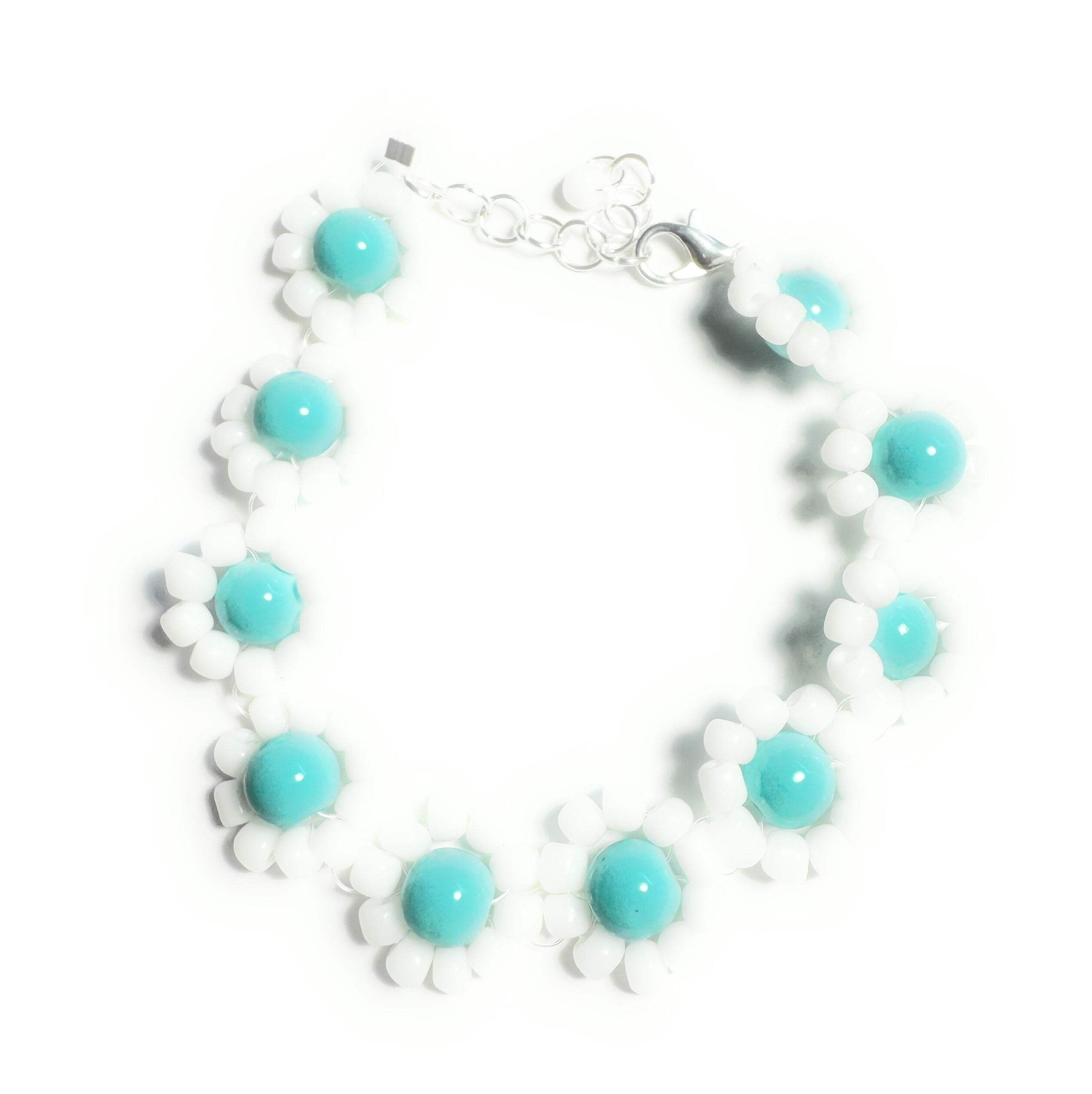 White and Light Blue Flower Seed Bead Bracelet with Lobster Clasp - $12.34