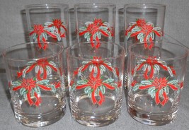 Set (6) Anchor Hocking Poinsettia &amp; Holly Pattern Glass Tumblers Christmas - £14.79 GBP