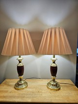 Vintage Siffel Table Lamps Brass Maroon Red Base 40&quot; MCM Set of TWO with Shades - £277.79 GBP