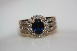 14K Yellow Gold Natural oval shaped Dark Blue Sapphire 1.45ct Diamond Ring SZ 7 - £1,044.08 GBP