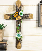 Rustic Western Butterfly Flitting On Flower Vines Faux Wooden Bark Wall Cross - $42.99