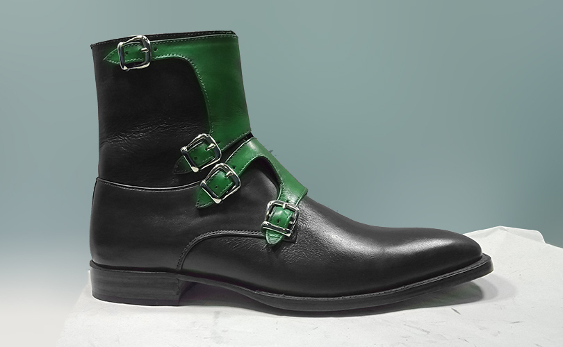 Men Two Tone Green Black Ankle Tetra Monk Buckle Straps Leather Boot US 7-16