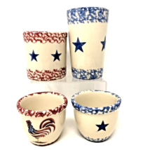 Gerald Henn Workshops Pottery Spongeware Old Glory Blue Star VTG 80s Set of 4 - £57.83 GBP