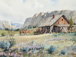 Framed canvas art print giclee western cowboys country log cabin mountain plain - £29.54 GBP+