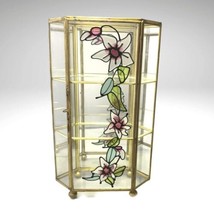 Vintage Brass Glass Mirrored Tabletop Curio Cabinet Painted Flowers 3 Tier 10” - £56.68 GBP