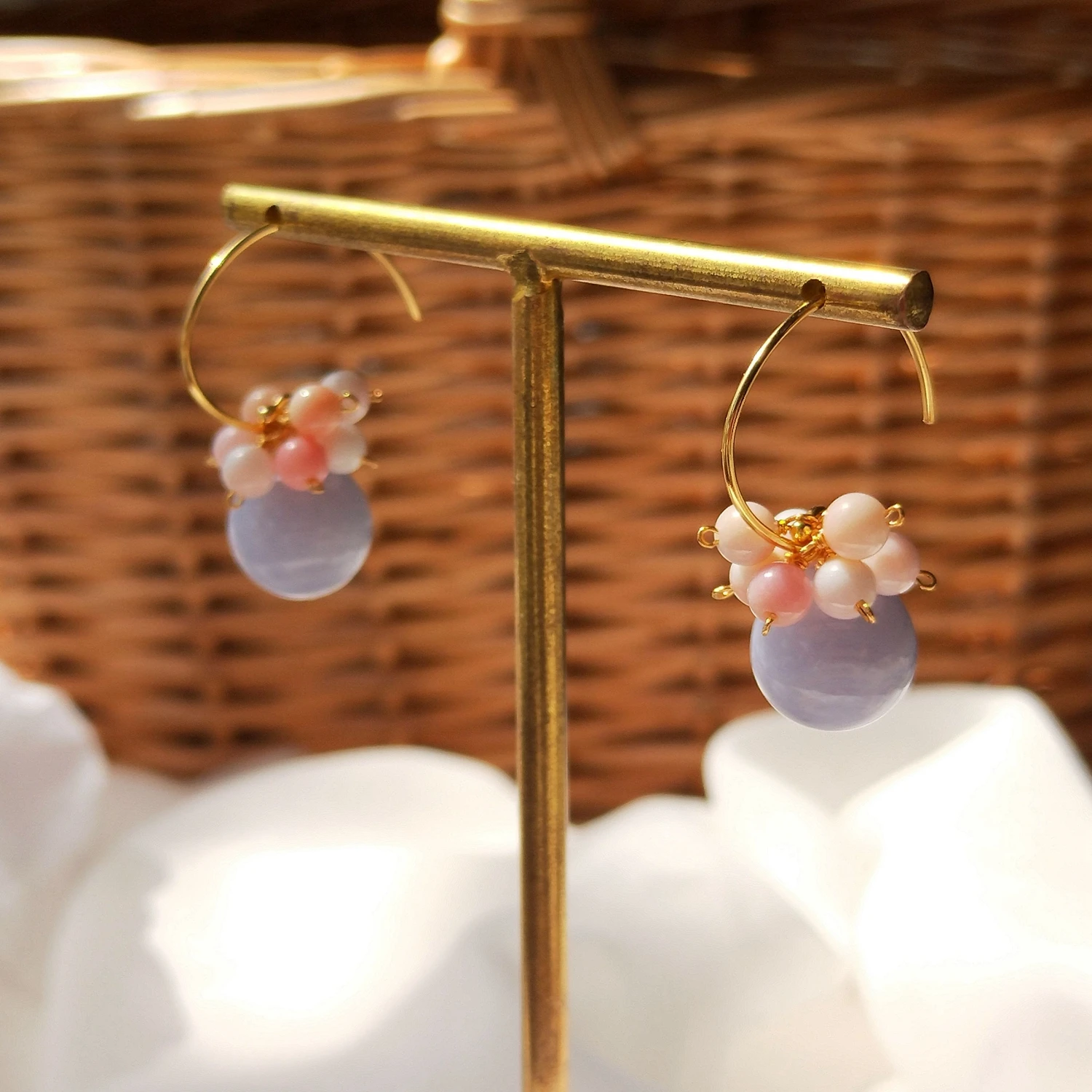Natural Stone 925 Sterling Silver Gold Plated Earrings Blue Lace Agate Pink Conc - £43.20 GBP