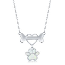 Sterling Silver Dog Bone w/ Heart &amp; White Opal Paw Necklace - £38.84 GBP