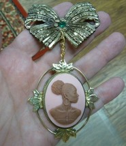 CA20-111) RARE African American LADY pink + brown CAMEO bow dangle Pin Pendant - £30.52 GBP