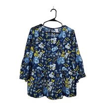 Time and Tru Tunic Womens Large 12/14 Flowy Ruffles 3/4&quot; Bell Sleeve Navy Floral - £12.47 GBP