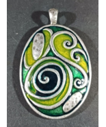 Large SILVER SPIRAL GREEN YELLOW ENAMEL ABSTRACT Oval Pendant Handmade - $88.34 CAD