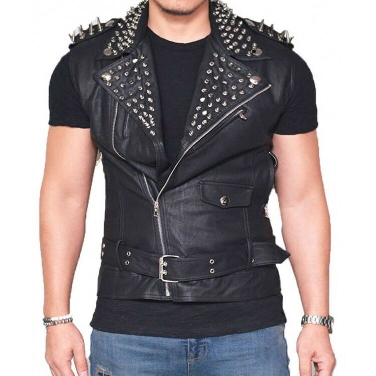 Men's Black Color Biker Genuine Leather Silver Spike Punk Studded Belted Vest