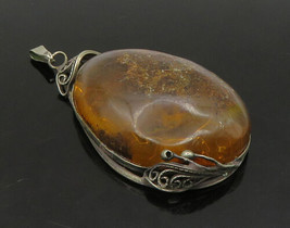 925 Sterling Silver - Vintage Cabochon Cut Tear Drop Amber Pendant - PT18778 - £69.78 GBP
