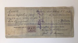 Antique Check or Loan Note with Stamp First National Bank Columbus Indiana 1899 - £11.99 GBP