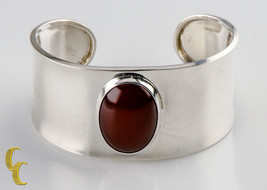 Sterling Silver Mexico .925 Polished Cuff  Bracelet Red Stone Gift! - £145.81 GBP