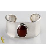 Sterling Silver Mexico .925 Polished Cuff  Bracelet Red Stone Gift! - £144.93 GBP