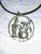Xl Witch Stirring Cauldron With Cat And Broom Round Pewter Pendant Adj Necklace - £11.21 GBP