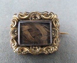 Victorian Mourning Brooch Woven Hair 9k Gold Front Fancy Frame C Catch Tube - £191.33 GBP