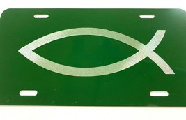 Christian Fish logo Car Tag Diamond Etched on Green Aluminum License Plate - $22.99