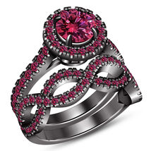 Pink Sapphire Halo Ladies Bridal Set Engagement Ring Black Gold Fn 925 Silver - £76.44 GBP