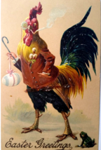 Easter Postcard Fantasy Dressed Rooster Can Monocle Eyeglass Cigarette Frog 8403 - $29.45