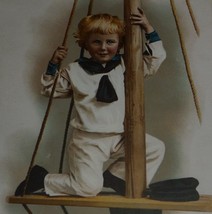 1884 Antique Victorian Christmas Card With Cute Sailor Boy On a Mast - $19.29