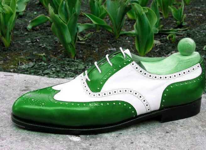 Men Two Tone White Green Cont Wing Tip Brogue Toe Vintage Leather Shoes US 7-16