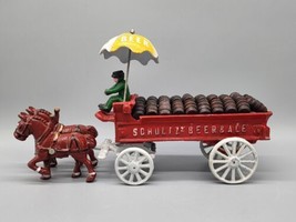 Vintage Schultz Beer &amp; Ale Cast Iron Wagon With 30 Barrels And Umbrella - £55.82 GBP