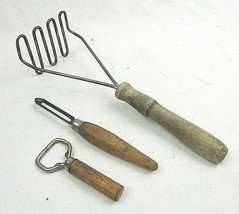 3 vintage unpainted wood handle kitchen utensils Masher Peeler Bottle op... - $7.68