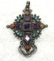 Rivera Sterling Cross Pendant Amethyst &amp; Turquoise and Coral made in Mex... - £214.79 GBP