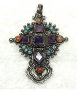 Rivera Sterling Cross Pendant Amethyst &amp; Turquoise and Coral made in Mex... - £219.82 GBP