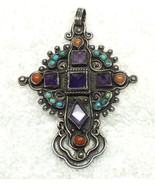 Rivera Sterling Cross Pendant Amethyst &amp; Turquoise and Coral made in Mex... - €239,71 EUR