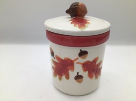 Fall Ceramic Canister Jar Acorn Lid Autumn Leaves Kitchen Storage 6.25&quot; - $14.84