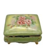 Vintage Trinket Ring Box Porcelain Handpainted Green Rose Floral Romantic - $68.52 CAD