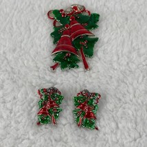 Vintage Marie Jennifer Christmas Bells 2&quot; Brooch Pendant 1&quot; Earrings Red Green - £15.78 GBP