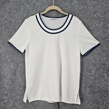 Vintage Samantha Lee Top Women Large White with Blue Trim Scoop Neck Short Sleev - £10.81 GBP