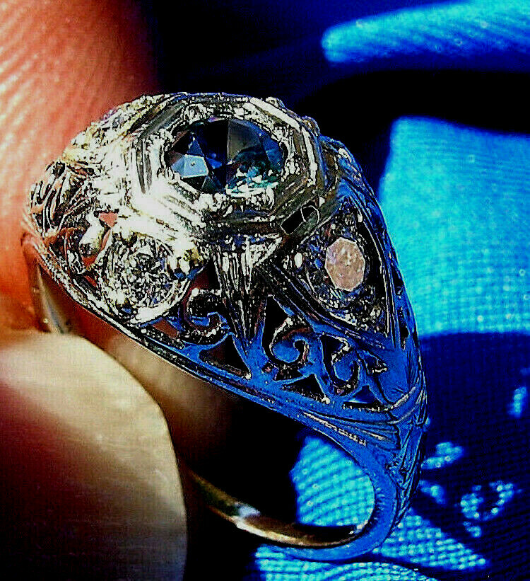 Earth mined Sapphire Diamond Deco Engagement Ring Vintage Solitaire 14k Gold Item image 15