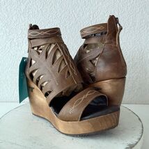 Lane Boots BECCA Womens Brown Wedges Western Sandals Cowgirl Wooden Heel... - $148.50